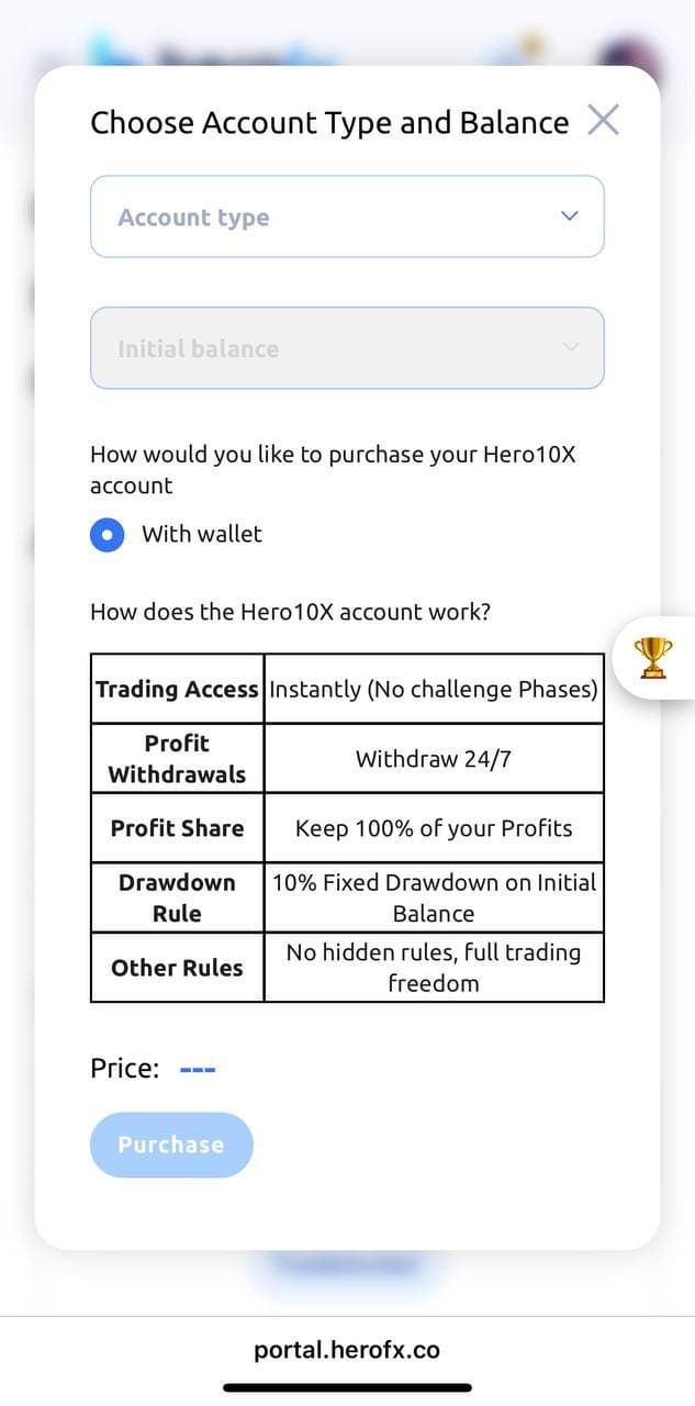 HeroFX Hero10X account rules table: instant access, 24/7 withdrawals, 100% profit share, 10% fixed drawdown
