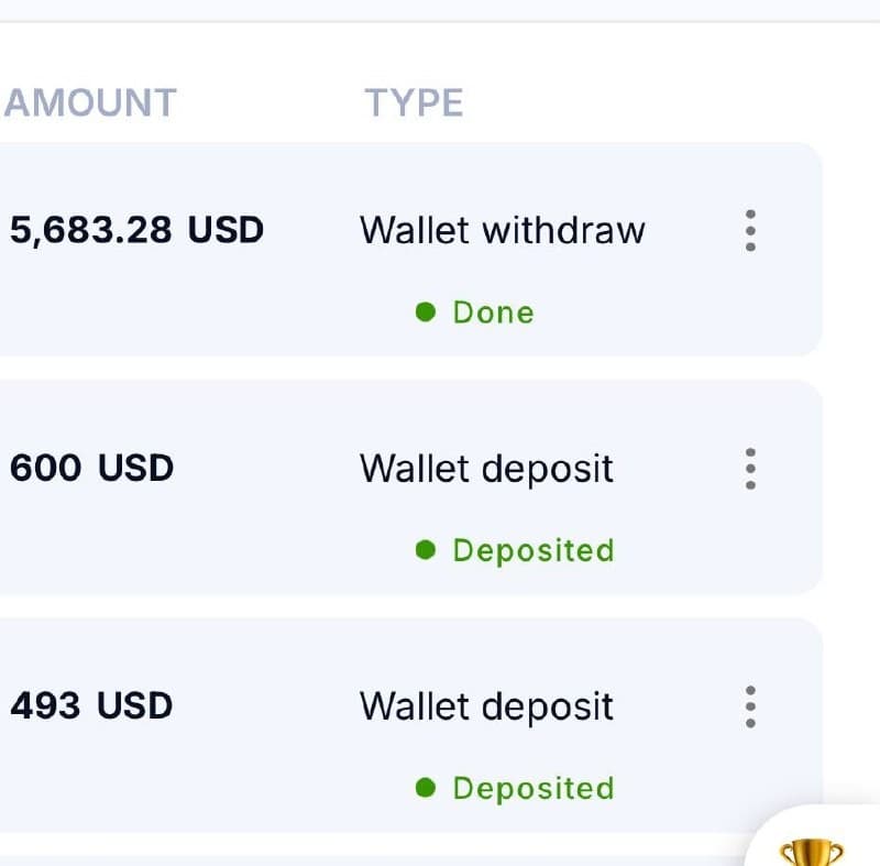 HeroFX wallet history showing a completed withdrawal of 5,683.28 USD marked Done